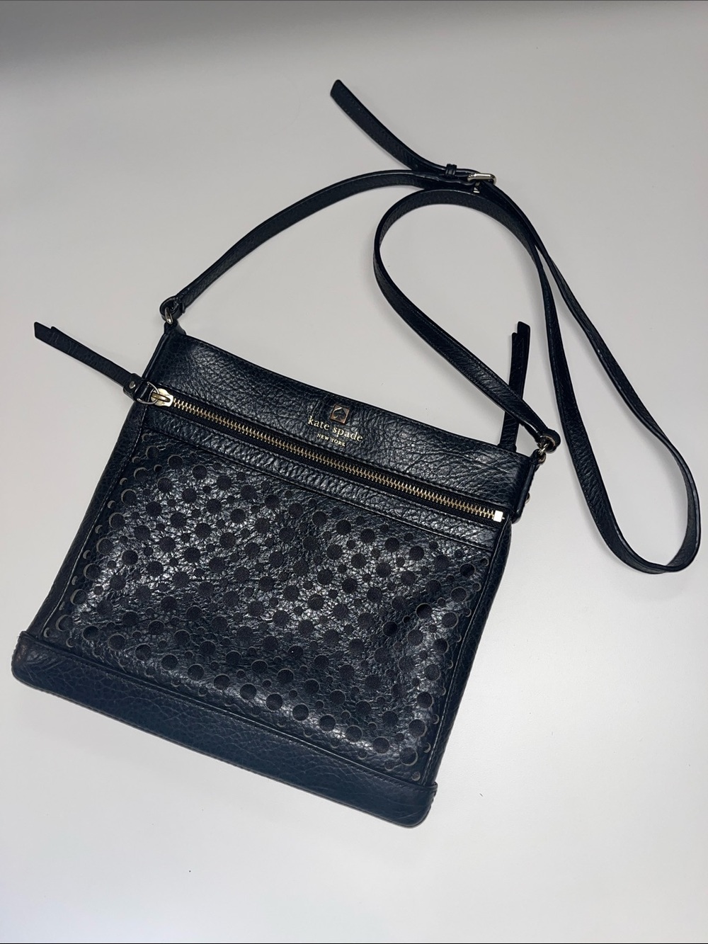 kate spade Black Perforated Leather Crossbody with Gold Hardware
